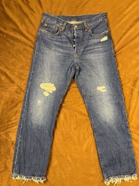 Levi's 501 Premium Distressed Straight Blue Denim JeansButtonLogo Vintage